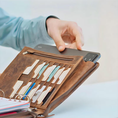 ALMADIH Leder A5 Organizer Ringmechanik Reissverschluss Kalender 2024 Schreibblock Premium Rindslede
