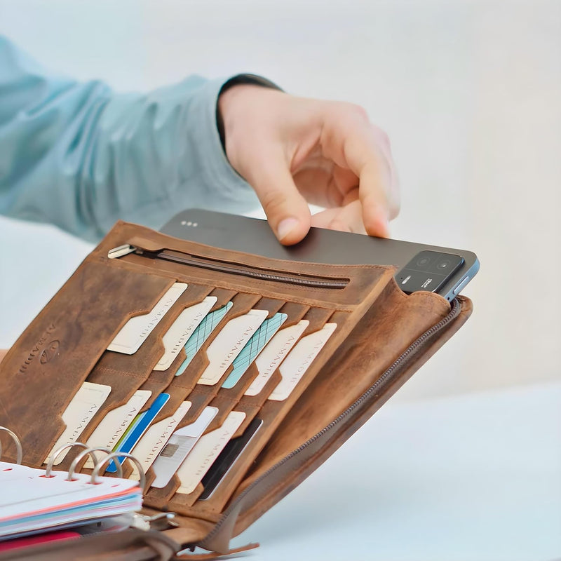 ALMADIH Leder A5 Organizer Ringmechanik Reissverschluss Kalender 2024 Schreibblock Premium Rindslede