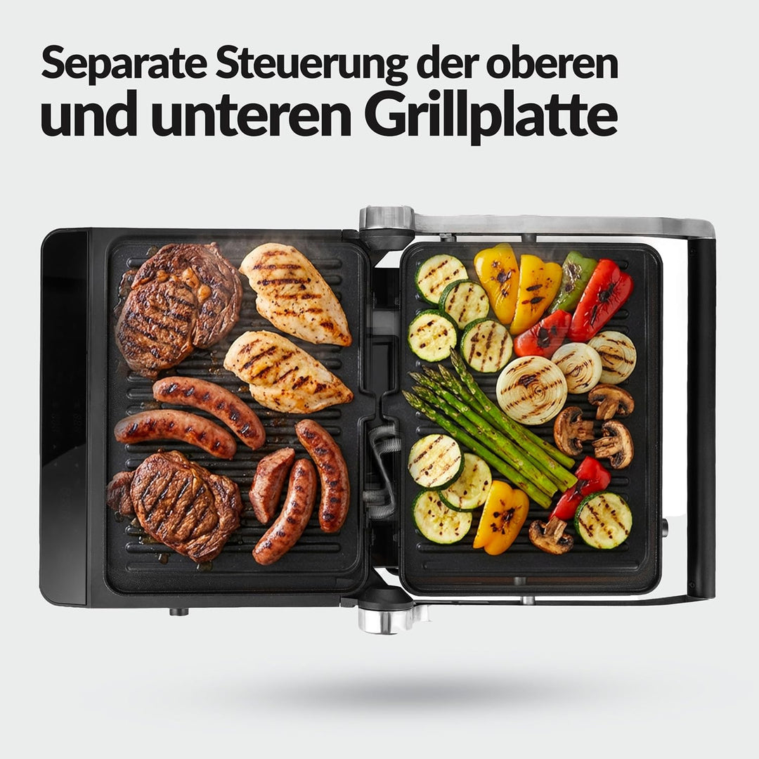 LEHMANN Kontaktgrill, 2000 W, Tischgrill 180° aufklappbar, Abnehmbare Antihaftplatten, Display: 10 P