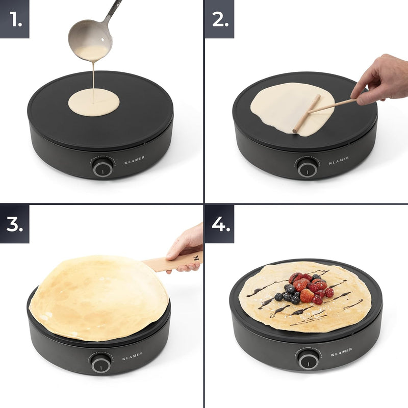 KLAMER Crepes Maker, Grosse Backfläche mit 33cm Ø, antihaftbeschichtete Platte, inkl. Teigverteiler