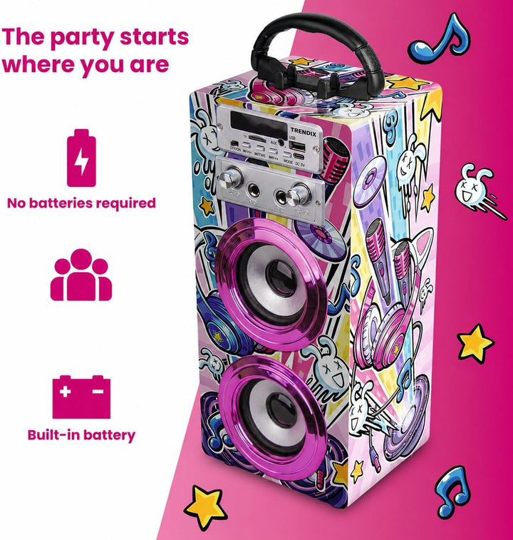 TRENDIX - Karaoke Maschine Kinder | Rosa Karaoke Anlage | Karaoke Anlage mit 2 Mikrofonen, Radio FM,