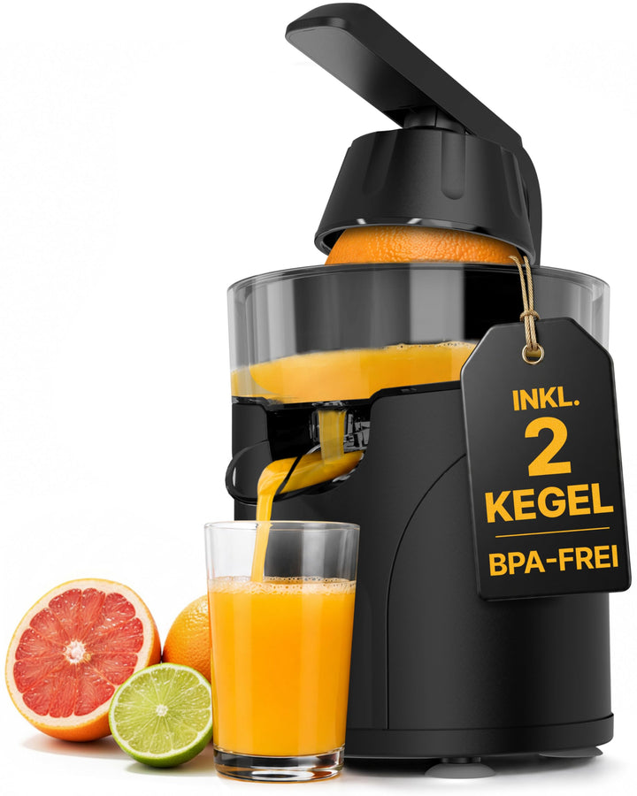 LEBENLANG Saftpresse Elektrisch 80W - Inkl. 2 Kegel &amp; BPA-Frei I Hohe Ergiebigkeit I Zitronenpresse