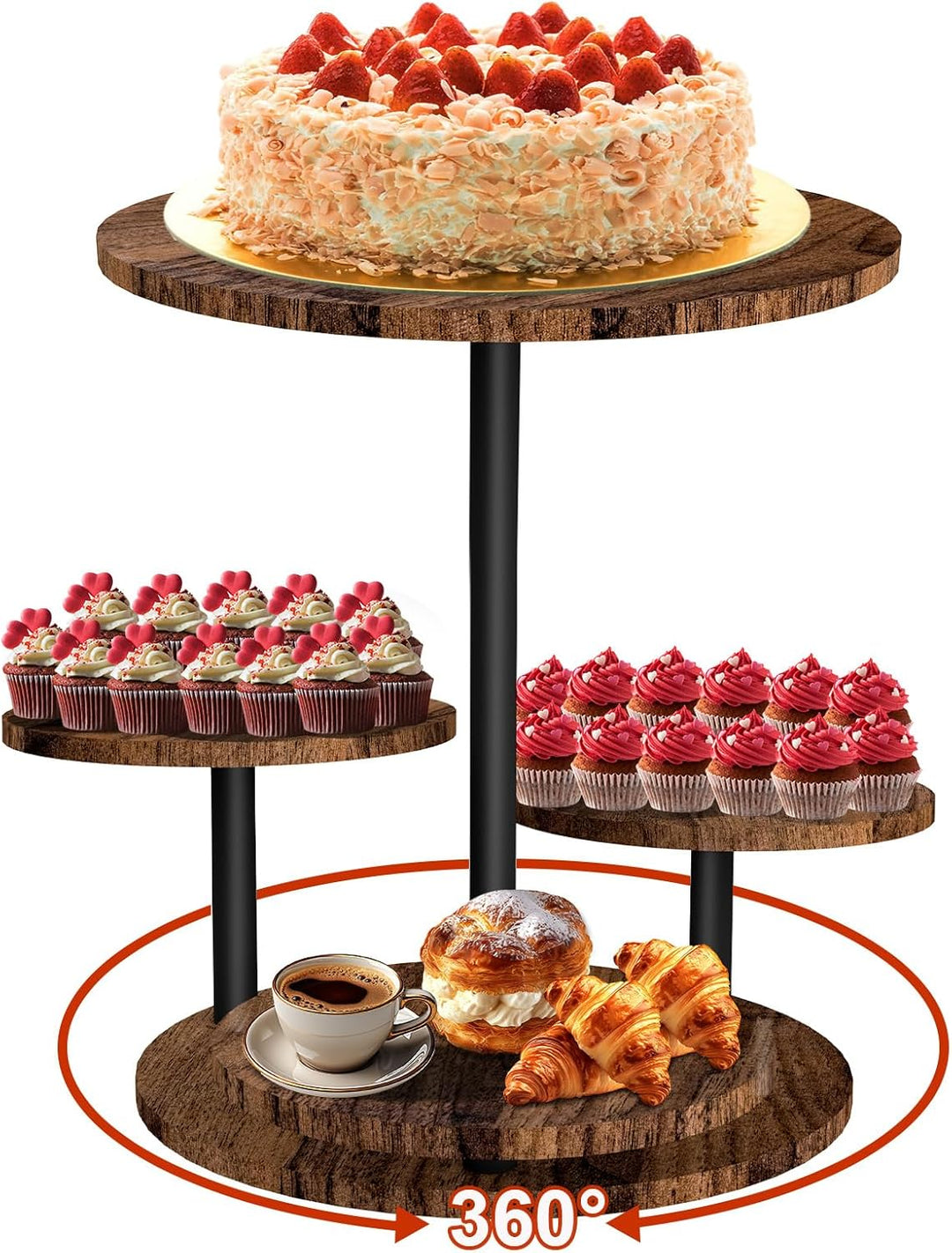 4 Etagen Kuchen und Cupcake Ständer aus Holz, 360° Drehbar Etagere für Desserts, Donuts, Kekse, Maca