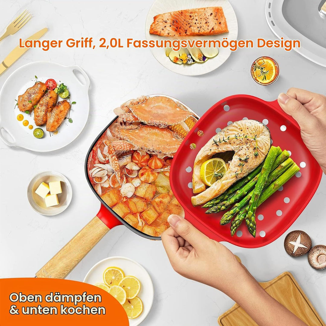 Audecook Elektrischer Hot Pot mit Dampfgarer, 2L/20cm Antihaft Elektropfanne mit Keramikglasur, Trag