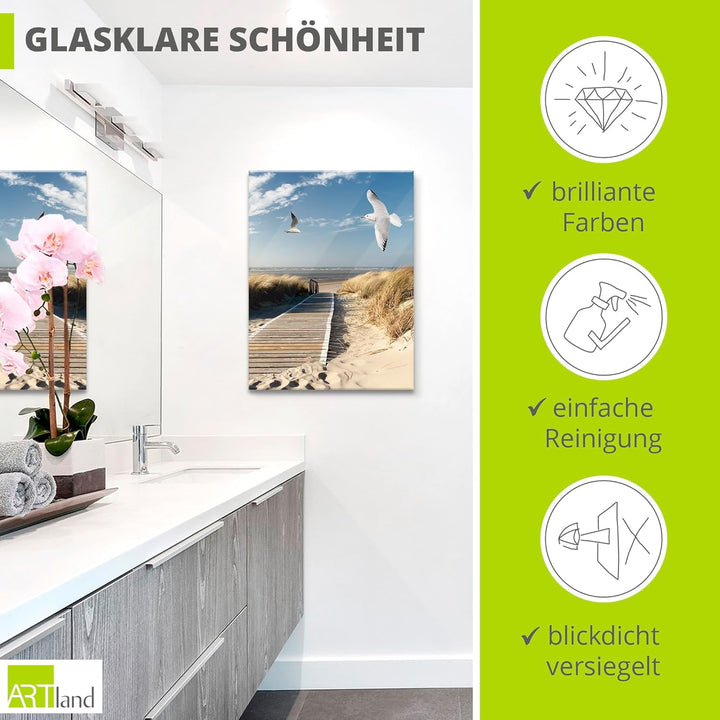 ARTland Glasbilder Wandbild Glas Bild einteilig 60x80 cm Hochformat Strand Meer Nordsee Küste Möwen