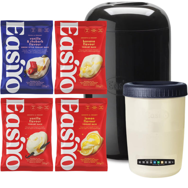 EasiYo Starter-Set mit schwarzem 1kg Joghurtbereiter | Inklusive 4 Beutel: Vanille, Zitrone, Banane
