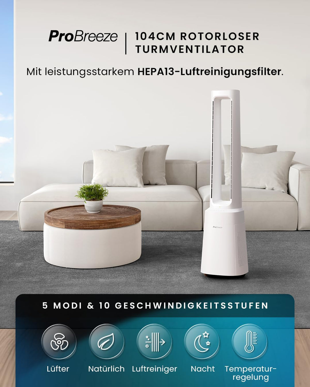 Pro Breeze 105cm rotorloser Ventilator mit Luftreiniger, Turmventilator sehr leise mit Fernbedienung