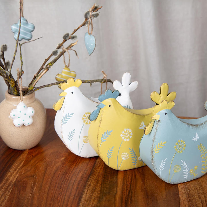 Logbuch-Verlag Ostern Deko 3 Metall Hühner gelb weiss blau Osterdekoration Frühlingsdeko zum Hinstel