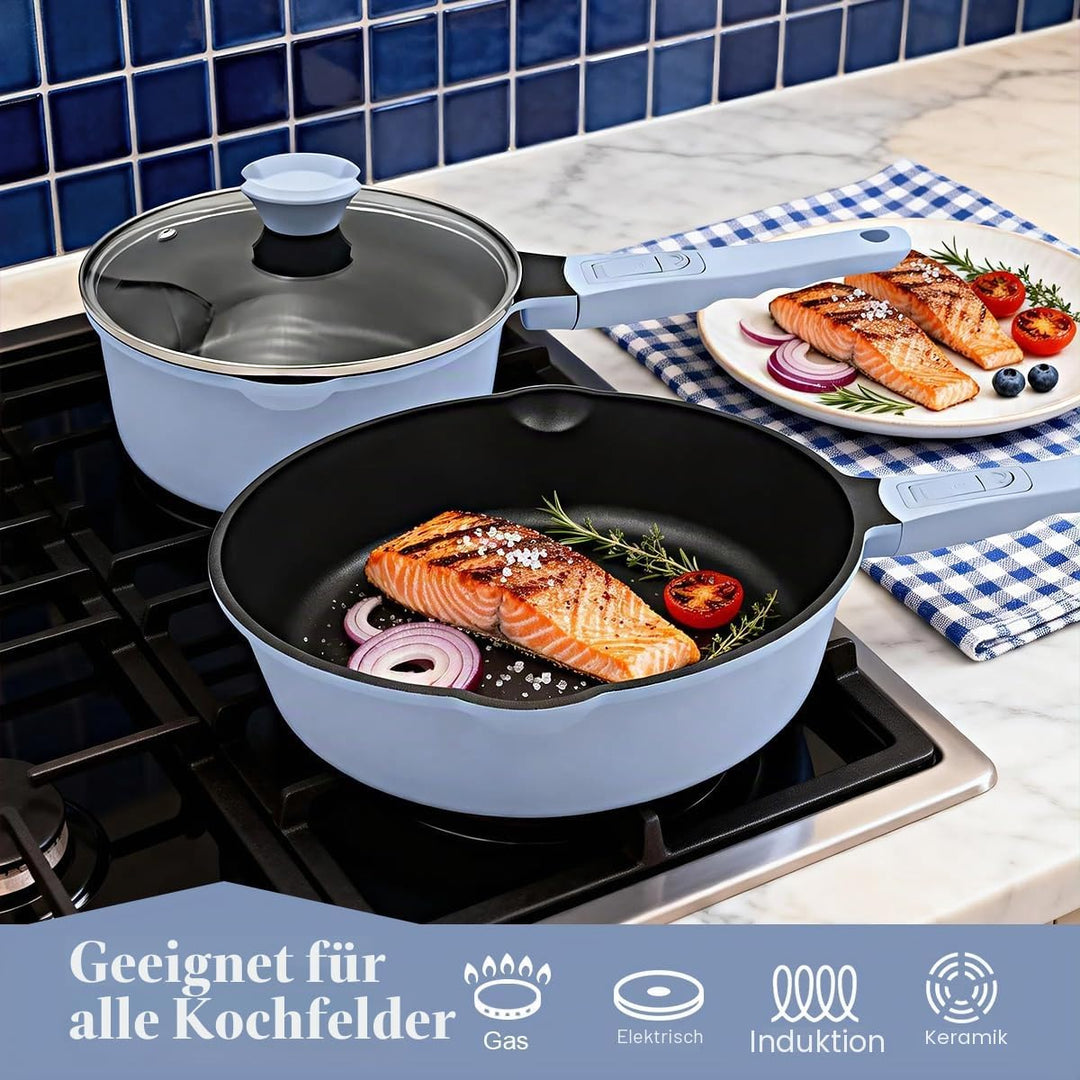 Pfanne 24cm mit Deckel, Aluminium Bratpfanne Hoher Rand mit Abnehmbarer Griff, Schmorpfanne 24 cm fü
