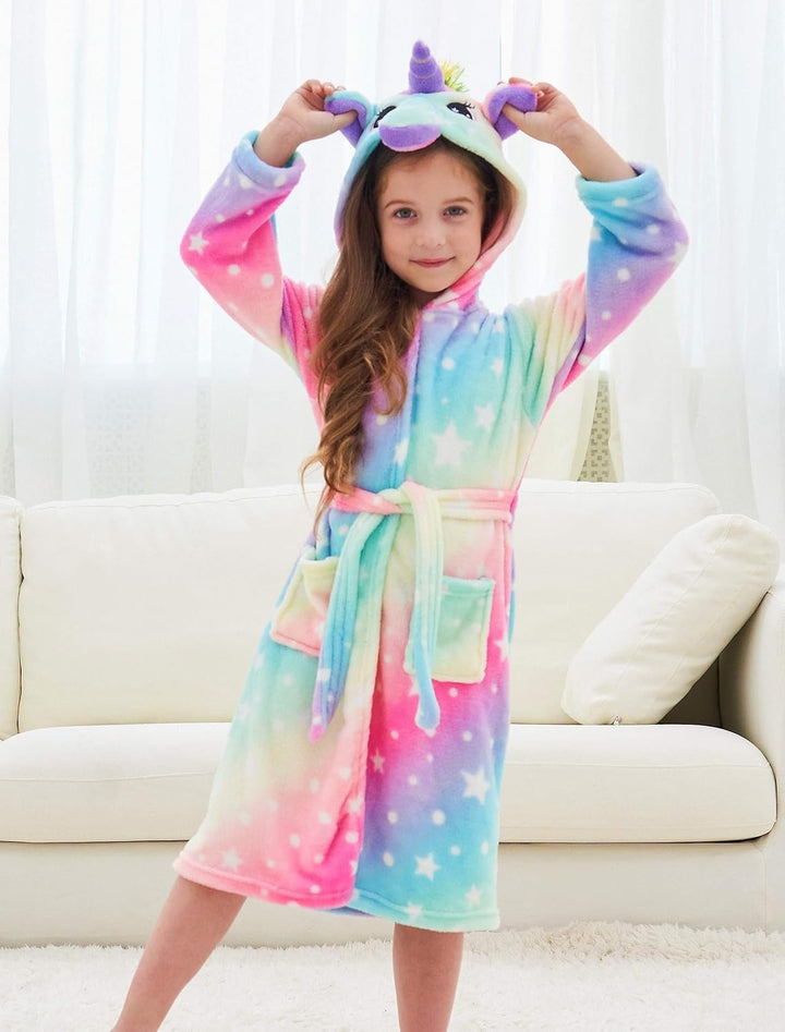 Piefry Weicher Einhorn-Bademantel mit Kapuze für Mädchen mit Einhorn-Pantoffeln, Augenbinde und Stir