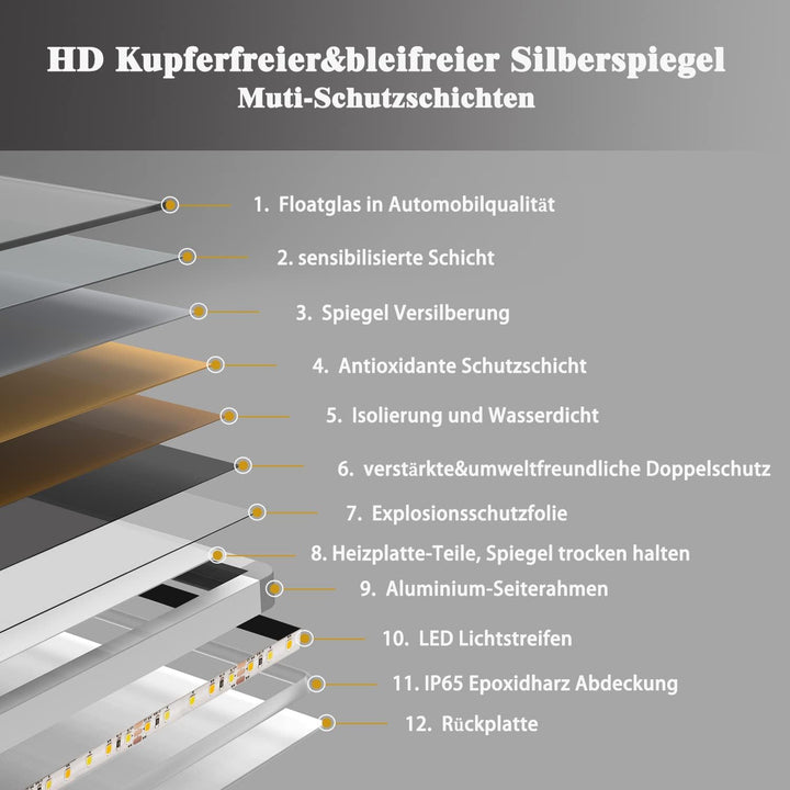 Aica Sanitär LED Badspiegel 70x50cm Uhr Steckdose Schminkspiegel 3 Lichtfarbe Wandspiegel mit dimmba