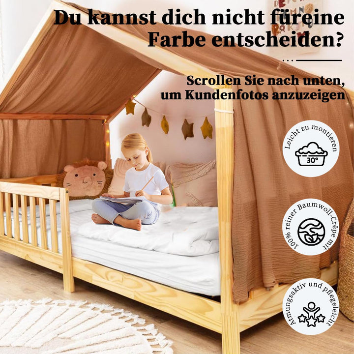 Hausbett Himmel, Hausbett Deko Set, 100% Bio-Musselin Baumwolle, Stoffhimmel für Hausbett Deko Mädch