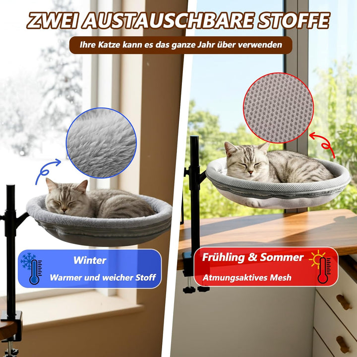 Katzenbett für Schreibtisch, 360° drehbar & Höhenverstellbar, Max 33lb, Katzenhängematte mit 2 wasch