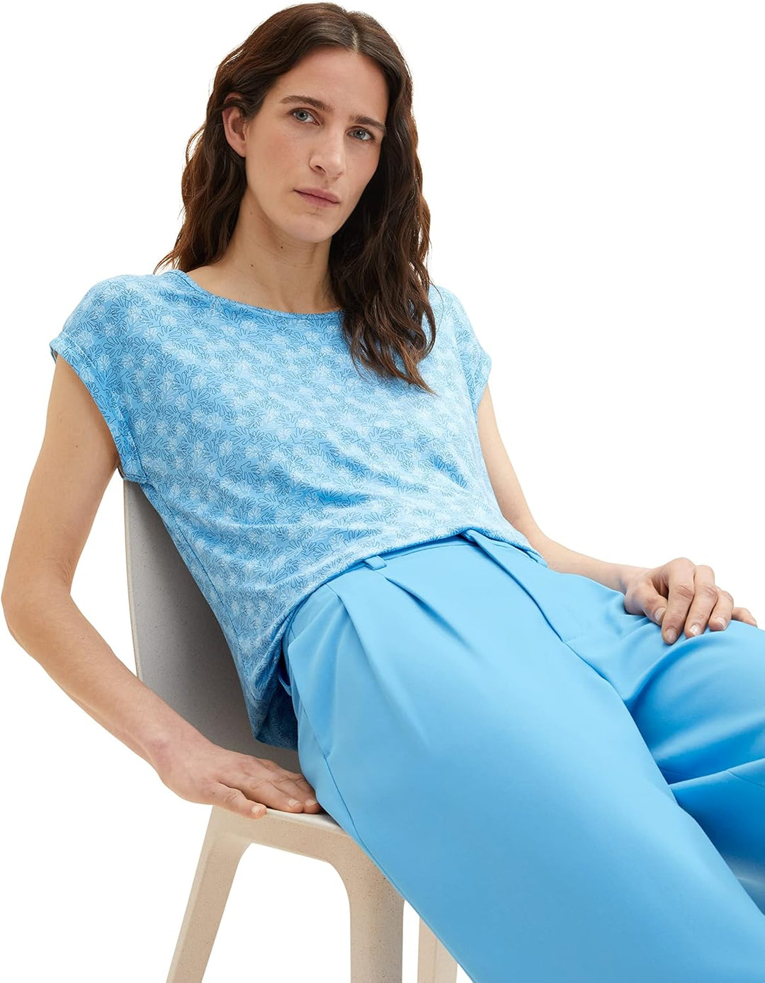 TOM TAILOR Damen T-Shirt mit Muster L 32819 - Blue Overlayed Leaf Design, L 32819 - Blue Overlayed L