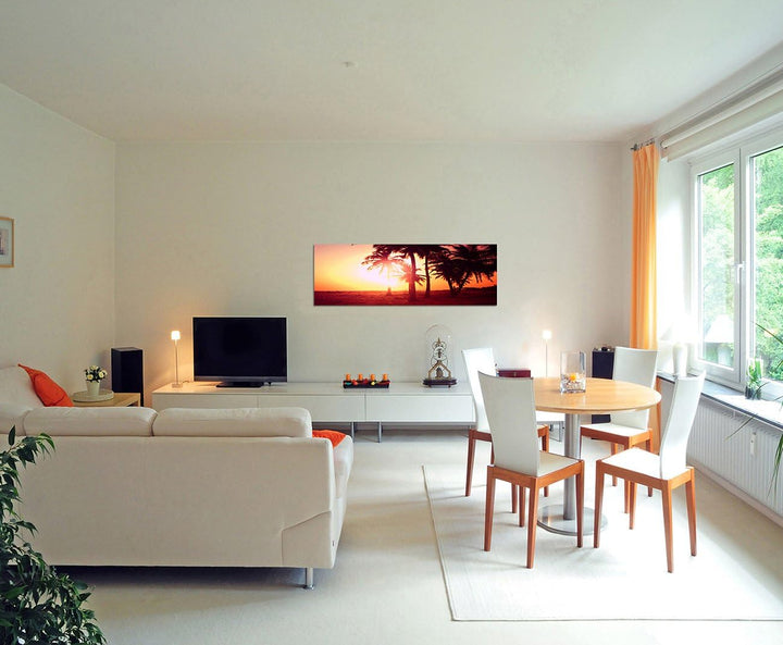 Paul Sinus Art Panoramabild auf Leinwand und Keilrahmen 150x50cm Tropen Palmen Strand Sonnenuntergan