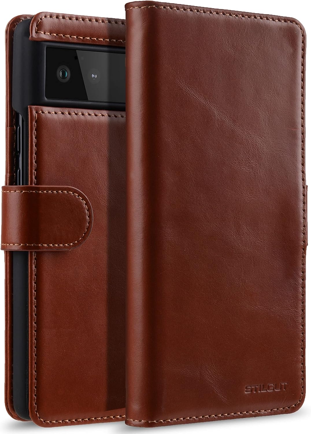 STILGUT Talis kompatibel mit Google Pixel 6 Hülle mit Kartenfach aus Leder, Flip Cover, Wallet Case,