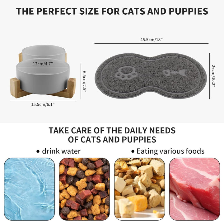 Katzennapf, 2 Stück Keramik Futternapf Katze Set, 3-in-1 rutschfeste Katzennäpfe mit Holzstände und