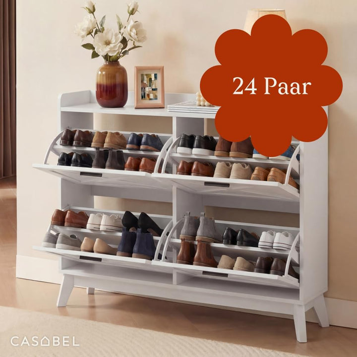 CASABEL Schuhschrank mit 4 Klappen, Fronten mit Kreuzmuster, Weiss, Funktionales Design, Grosse Kapa