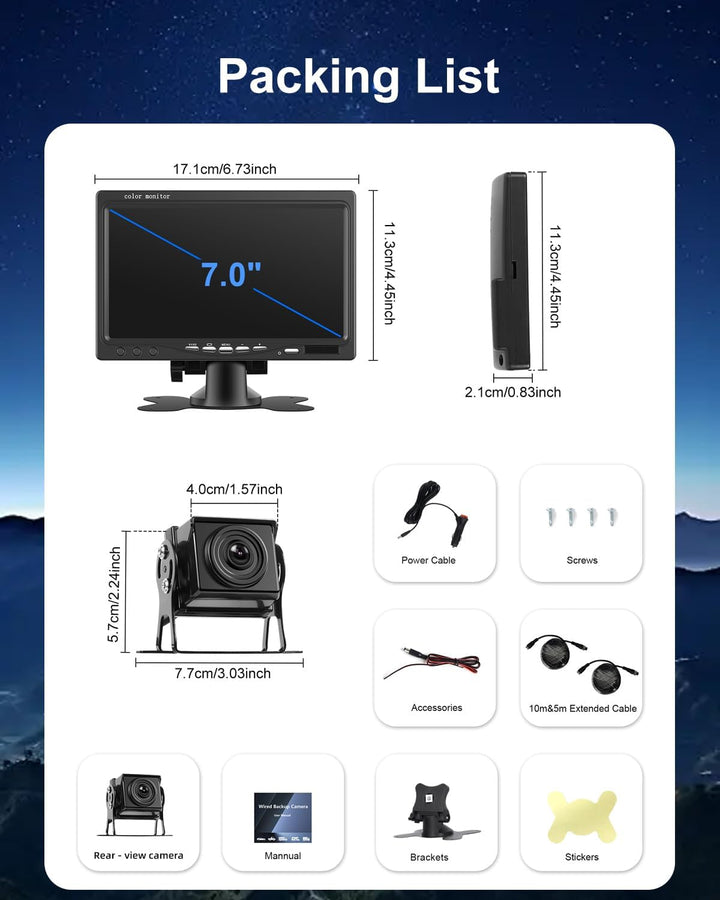 NHOPEEW Rückfahrkamera Kit mit 7 Zoll Monitor - Double 1080P Backup-Kamera Unterstützung IP69 wasser
