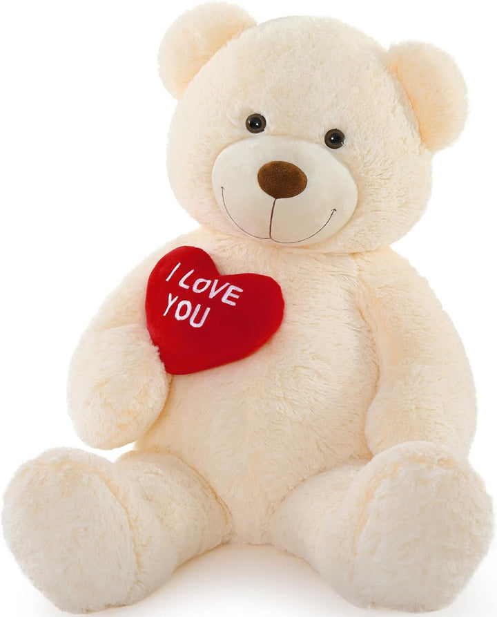 MorisMos 90cm Süss Teddybär gross XXL mit Rot Herz I Love You, Beige Riesen Teddy Bär als Geburtstag