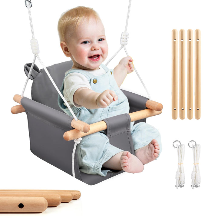 Babyschaukel, Kinderschaukel Babysitz Set Indoor aus Holz, Holzschaukel mit Grau Sitzkissen aus Baum