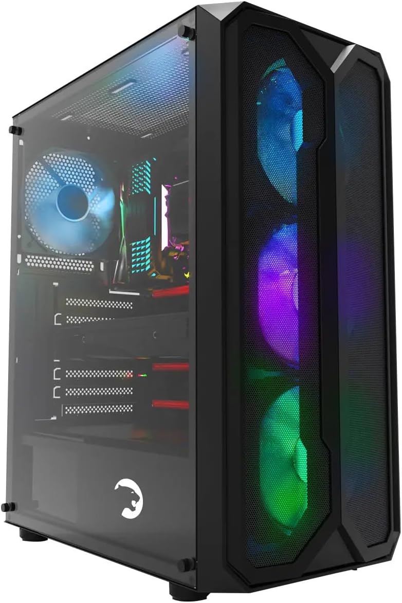 GAMEPOWER Aura Gaming PC-Gehäuse – ATX-Desktop-Case mit gehärtetem Glas, 4X 120mm Lüfter (ohne RGB),