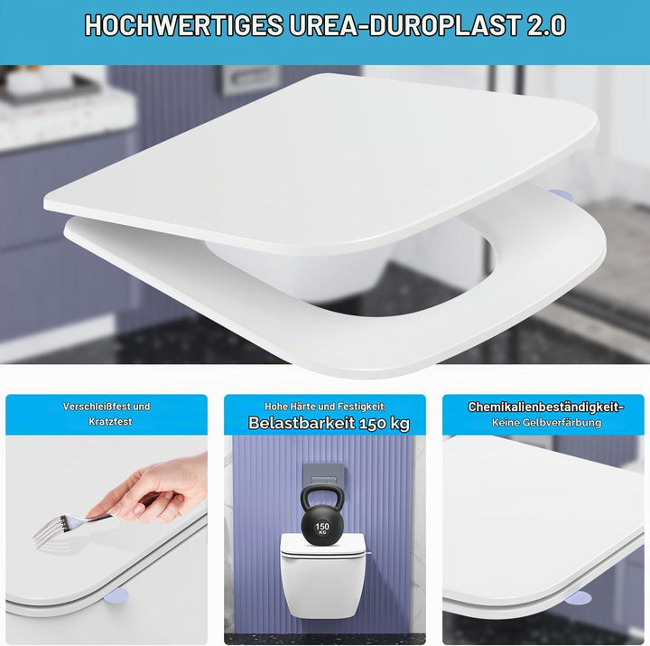 WC Sitz mit Absenkautomatik Eckig | Toilettendeckel Duroplast Weiss | Klobrille mit Schnellverschlus