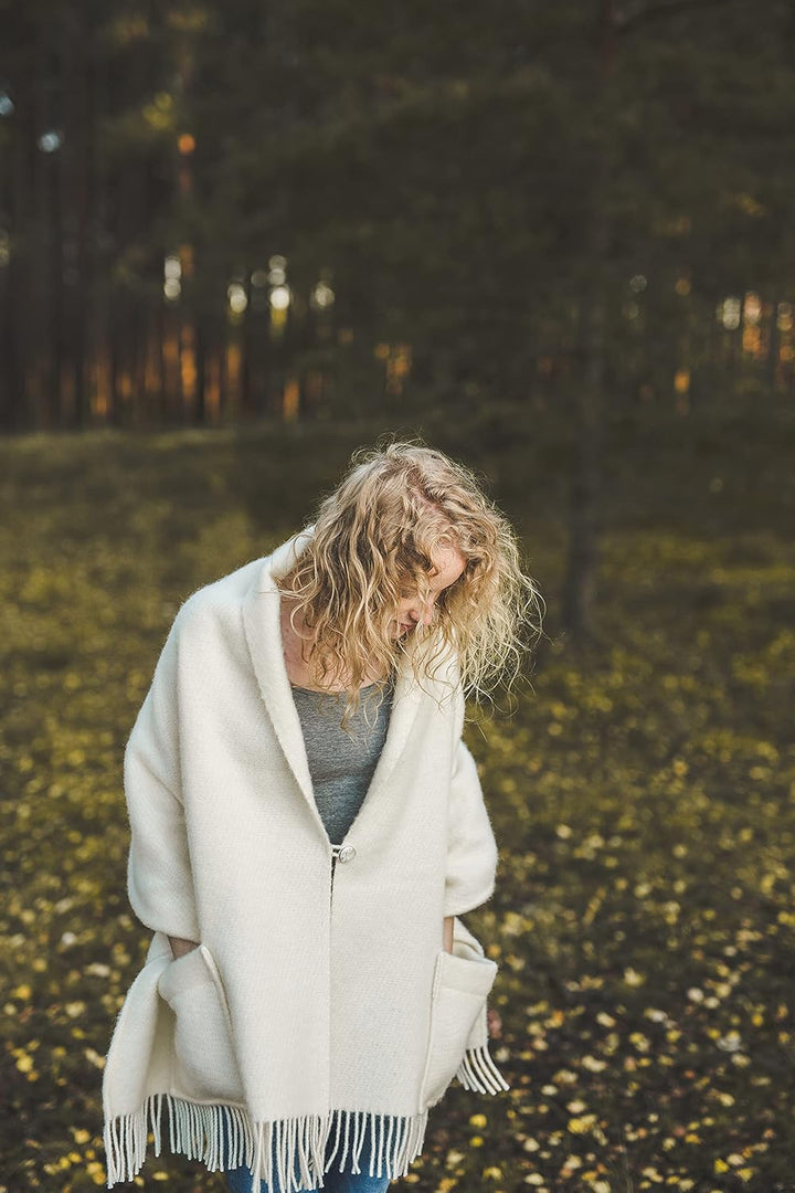 Damen Schal Schultertuch aus 100% Wolle mit Taschen - Poncho Stola 65x180cm + Fransen Tuch & Umschla