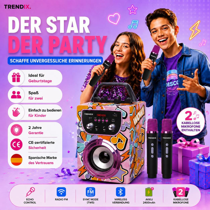 Trendix - Karaoke Maschine Kinder Magic Melody | Karaoke Anlage Mit 2 Mikrofonen | Musikbox Kinder R