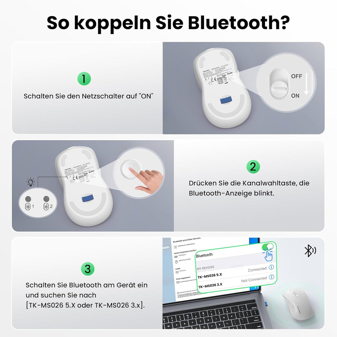 TECKNET Bluetooth Maus, PC Maus Kabellos, Wiederaufladbar Computer Maus 4800 DPI, (BT 5.0/3.0+2.4 GH