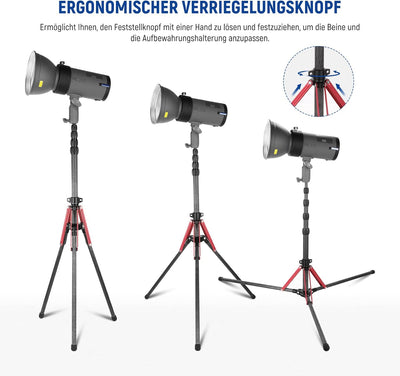 NEEWER Light Stand Carbon Fiber mit 180° umkehrbaren Beinen, 1/4" auf 3/8" Schraubenadapter und Tasc