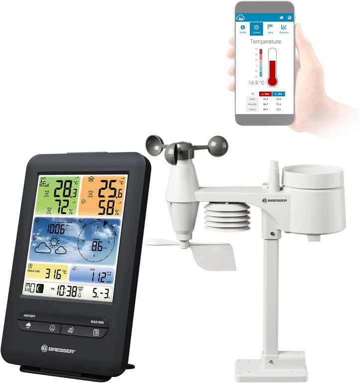 Bresser Wetterstation Funk mit Aussensensor WLAN Farb-Wetter Center 5-in-1 mit Aussensensor für Temp
