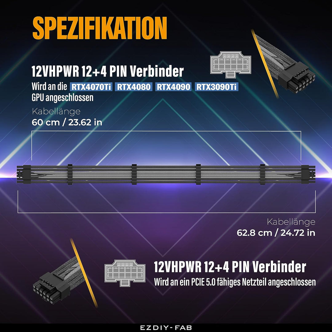 EZDIY-FAB 16AWG PCI-e 5.0 12VHPWR PSU Sleeved Kabel,600W 12+4 Pin Stecker auf 12+4 Pin Stecker Kabel