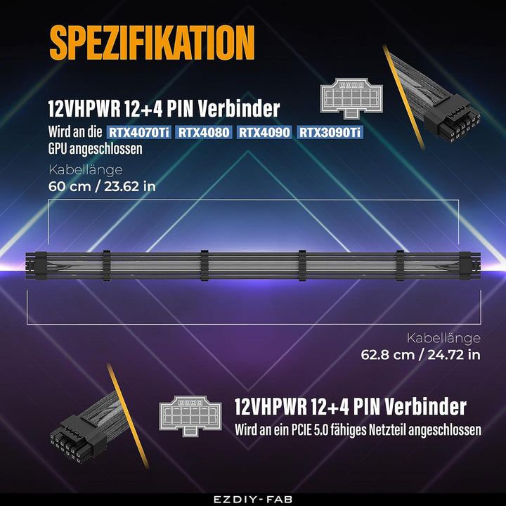 EZDIY-FAB 16AWG PCI-e 5.0 12VHPWR PSU Sleeved Kabel,600W 12+4 Pin Stecker auf 12+4 Pin Stecker Kabel