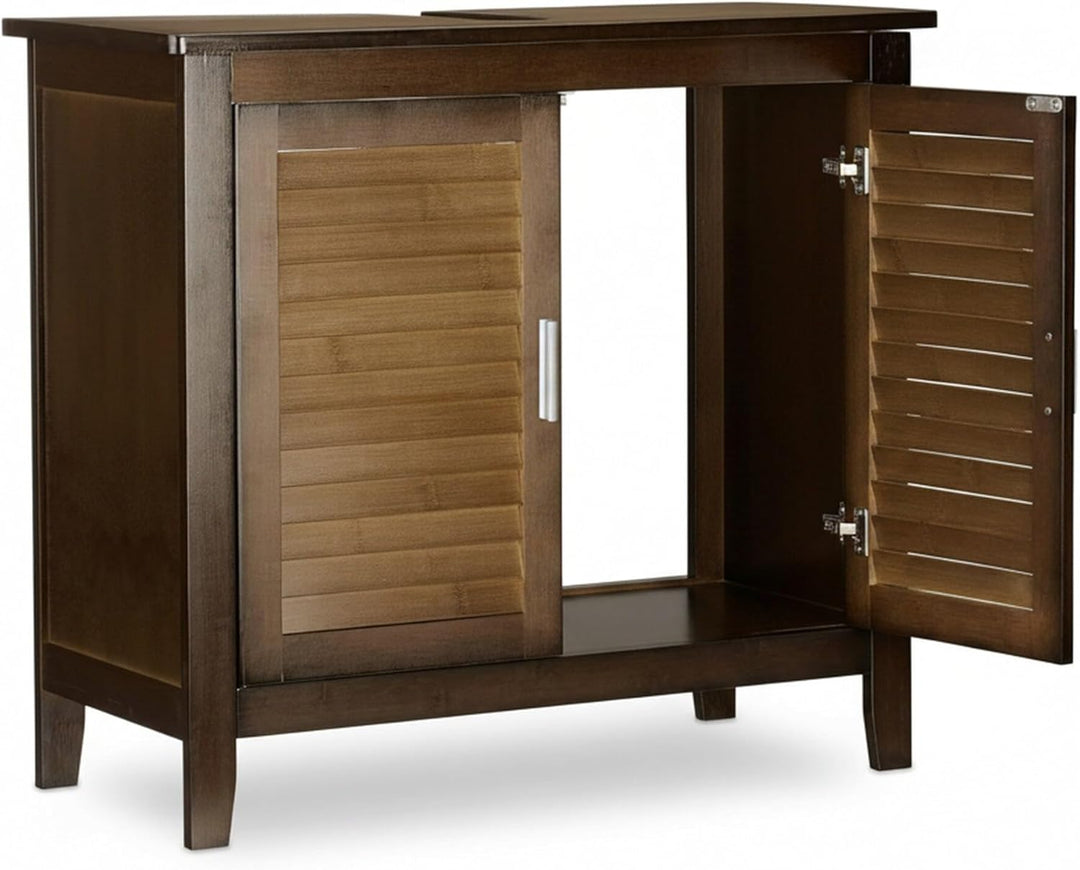Relaxdays Waschbeckenunterschrank dunkelbraun LAMELL, Badschrank aus Bambus, Waschbeckenschrank, HBT