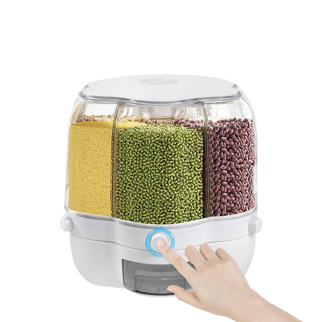 6 IN 1 Getreidespender 8KG 360°Drehung Müslispender Küche Geteilte Trockenfutterbehälter Luftdicht L
