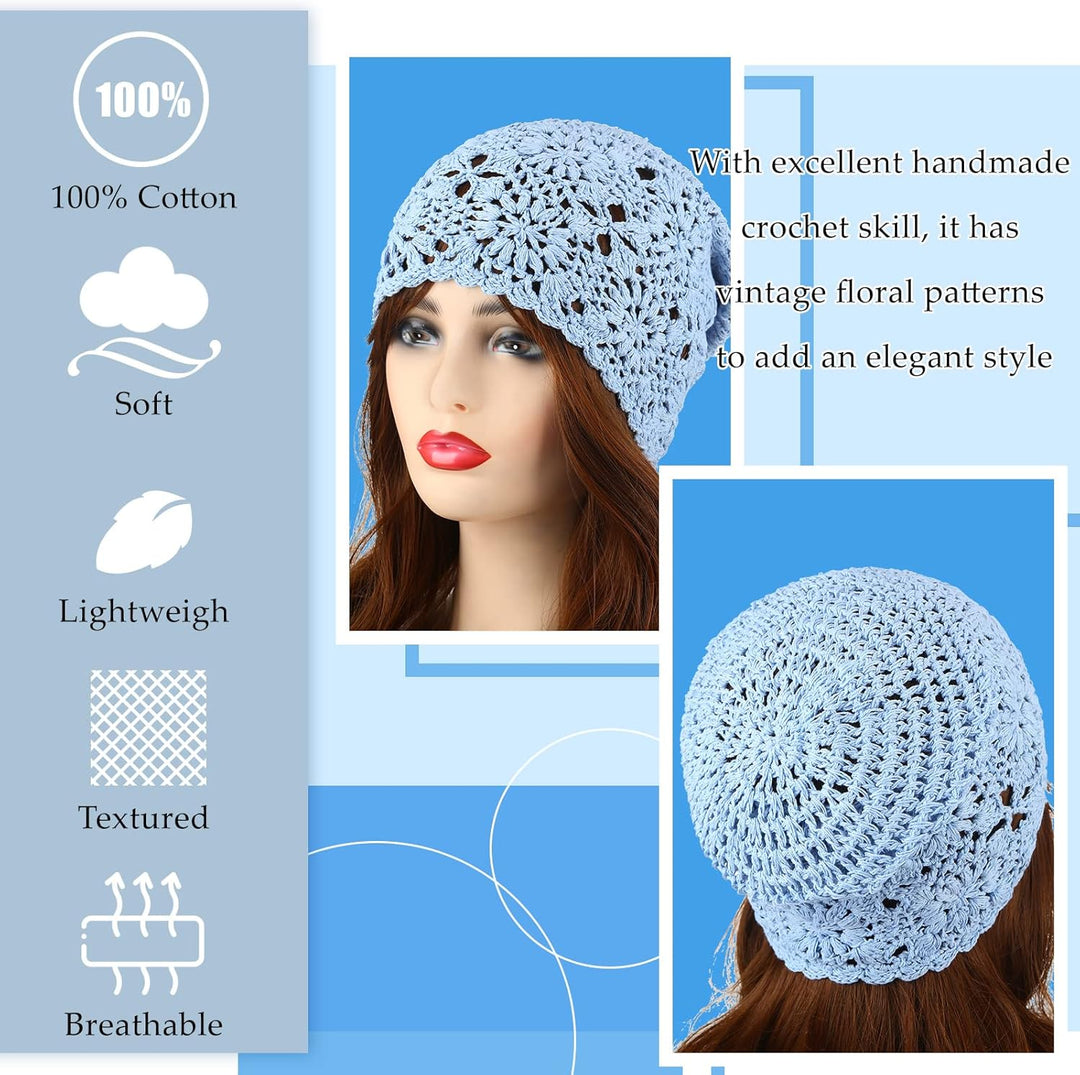 4 Stück gehäkelte Slouchy Beanie Mütze Herbst Handarbeit Strick Blumen Schädel Kappe Baumwolle Aussc