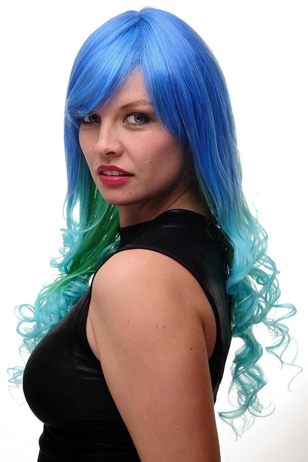 WIG ME UP - Damenperücke Perücke Cosplay Türkis Blau Grün Mix sehr lang (65 cm) Locken GF-W2174-G55A