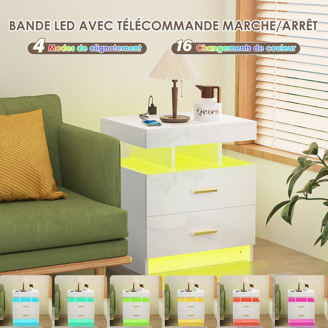 PIPIPOXER Nachttisch Weiss 2er Set, Nachttisch mit LED, Nachtschrank mit Steckdose und Ladefunktion,