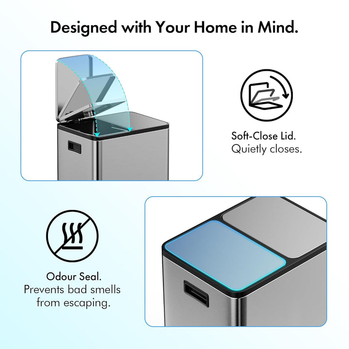 VonHaus Mülleimer Küche 2 Fächer, 30L Recycling Mülltrennsystem – Abfalleimer Biomüll, Rutschfester