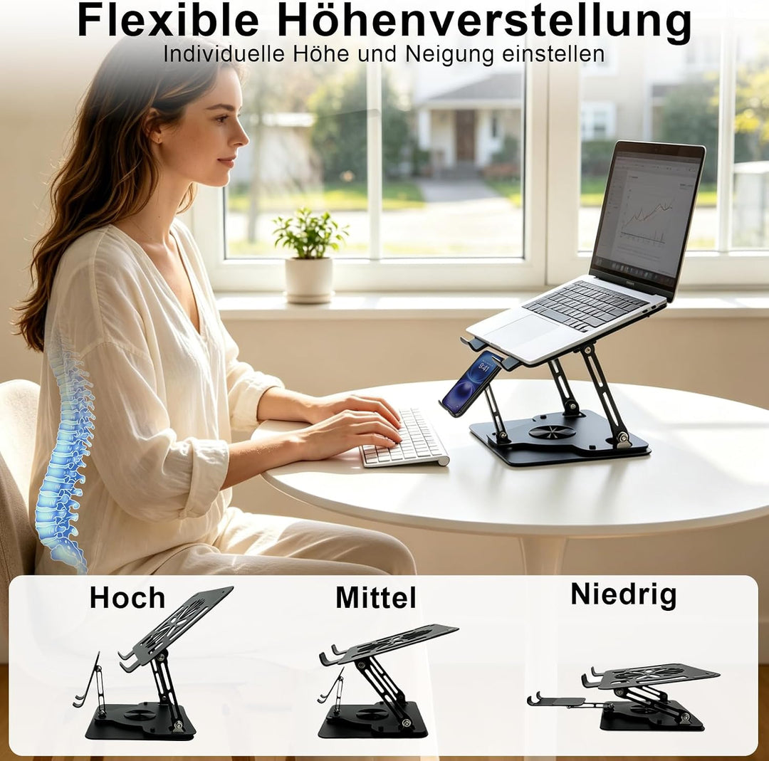 Laptop Ständer Höhenverstellbar mit Handy Halterung 360° Drehbar &amp; Platzsparend Klappbar Ergonomisch