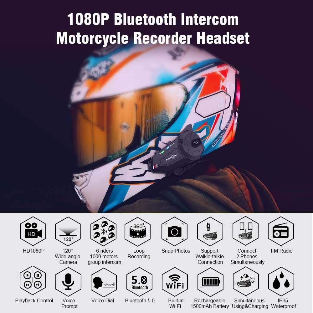 Motorrad-Bluetooth-Headset mit Kamera, R1plus Helmsprechanlage, 6-Wege, 1000 m, wasserdicht, drahtlo