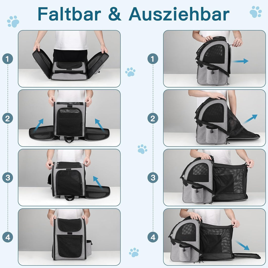 Erweiterbar Hunderucksack bis 10kg, Haustier Rucksack mit Netzfenster, Faltbare Katzenrucksack Hunde