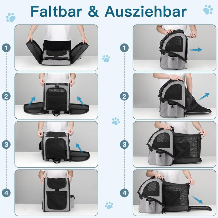 Erweiterbar Hunderucksack bis 10kg, Haustier Rucksack mit Netzfenster, Faltbare Katzenrucksack Hunde