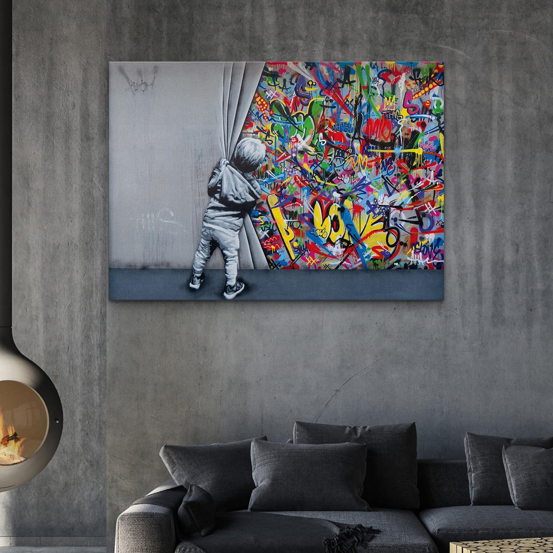 Giallobus - Gemälde - Banksy - - Standardleinwand - 140x100-04 - Kind öffnet den Vorhang - Bereit zu