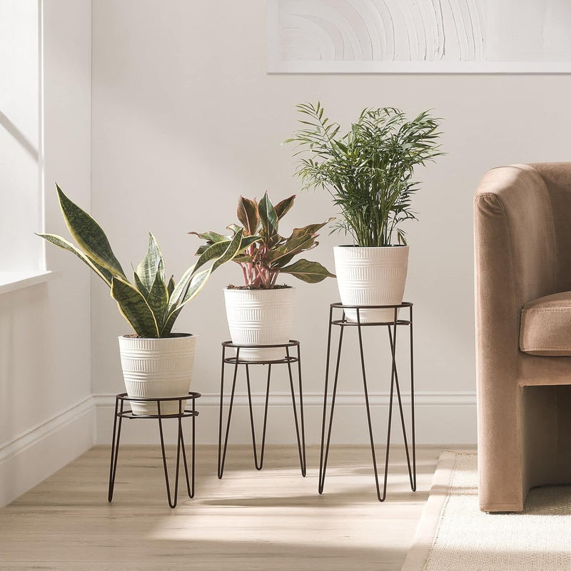mDesign 3-er Set Midcentury Pflanzenständer für Blumen, Sukkulenten aus Metall – runder Blumenstände
