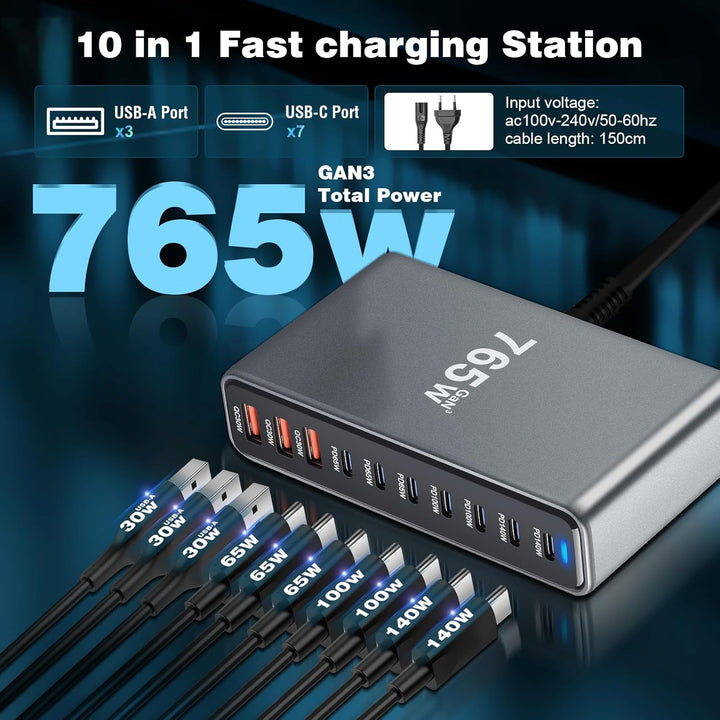 765W USB C Ladegerät Mehrfach,PD 140 W Schnellladegerät 10 Ports Ladestation GaN-III Charger with 7