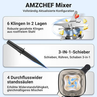 AMZCHEF 4-IN-1 Standmixer Hochleistungsmixer - 2L Standmixer mit 3D Klingen Crush in Sekunden Techno