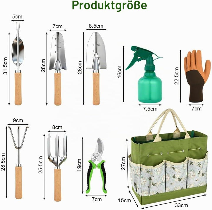 Gartenwerkzeug Set, 9 Stück Garten Hand Werkzeuge mit Aufbewahrungstasche, Stabil Rost-Sicht Garteng