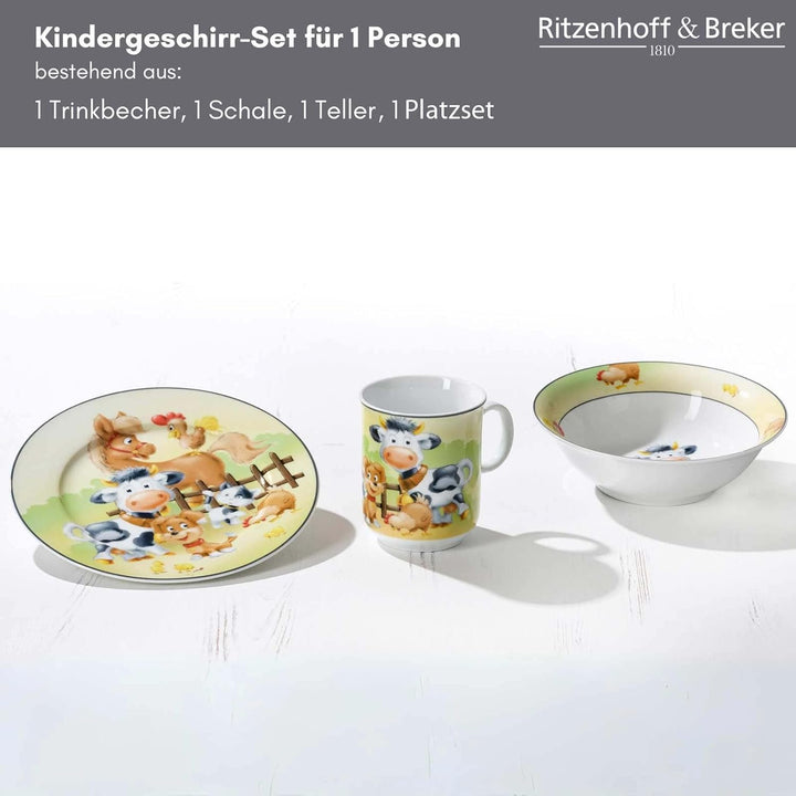 Ritzenhoff & Breker Kindergeschirr Set mit Platzset Hoftiere, 4-teilig, Bunt, Schale Becher Teller a